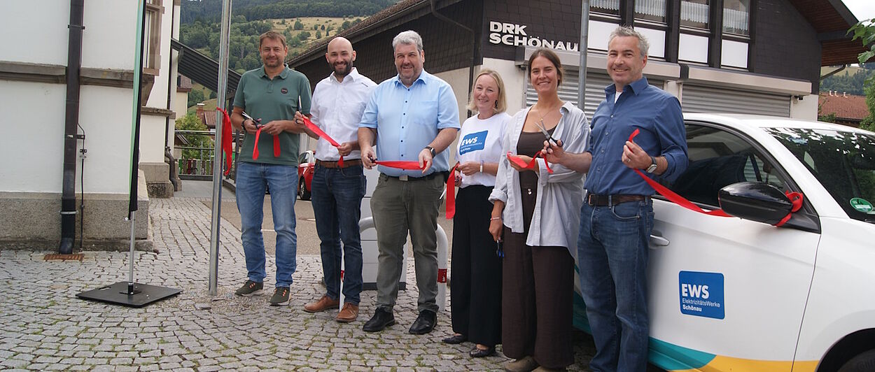 Sechs Personen an einer Elektro-Ladestation